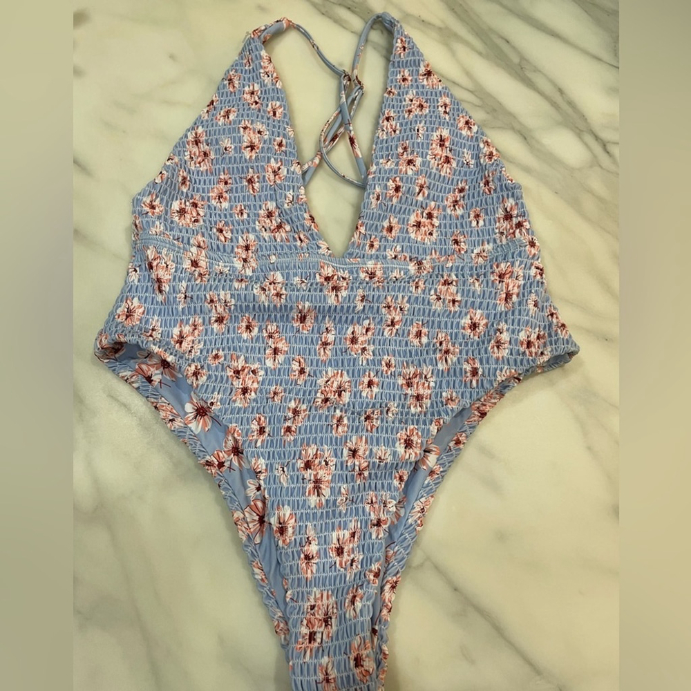 Zalful Smocked Floral Bathing Suit One Piece Cheeky bottom padded cups XL Plunge